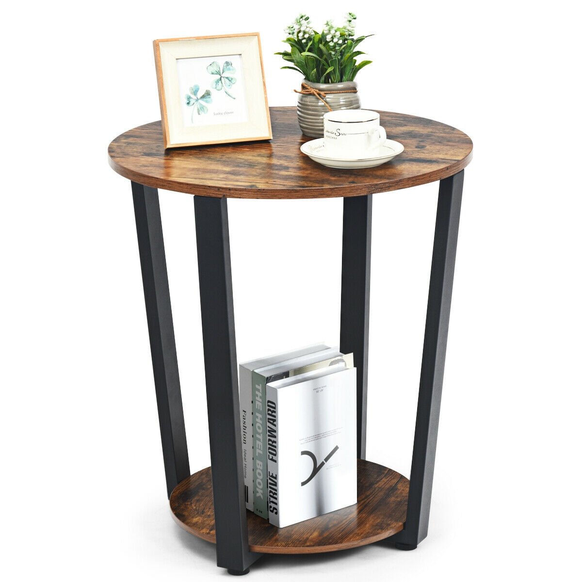 2-Tier Round End Table with Storage Shelf and Metal Frame, Brown End & Side Tables   at Gallery Canada