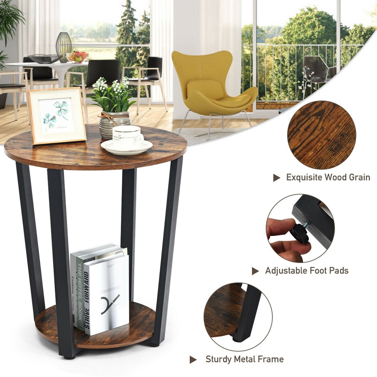 2-Tier Round End Table with Storage Shelf and Metal Frame, Brown End & Side Tables   at Gallery Canada