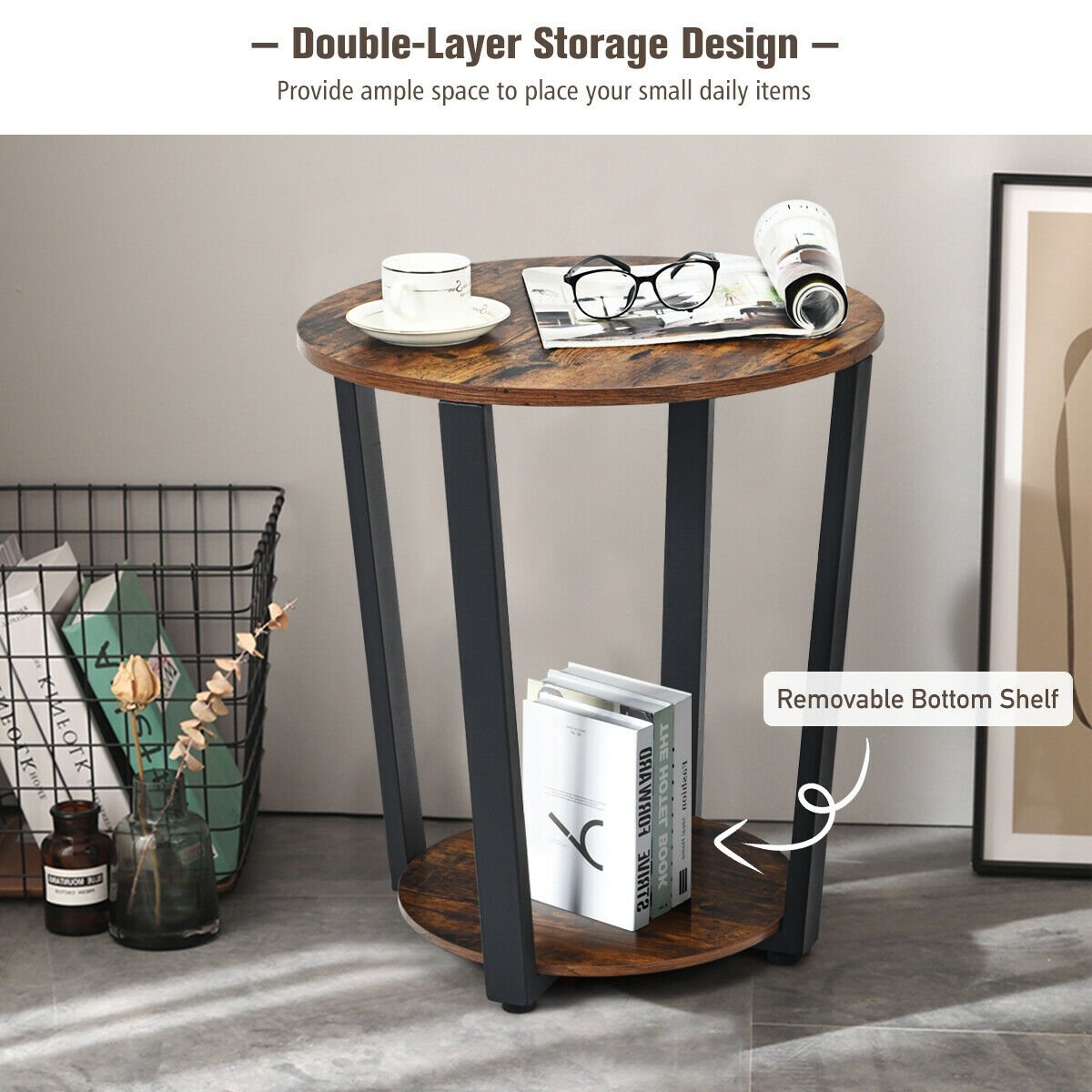 2-Tier Round End Table with Storage Shelf and Metal Frame, Brown End & Side Tables   at Gallery Canada