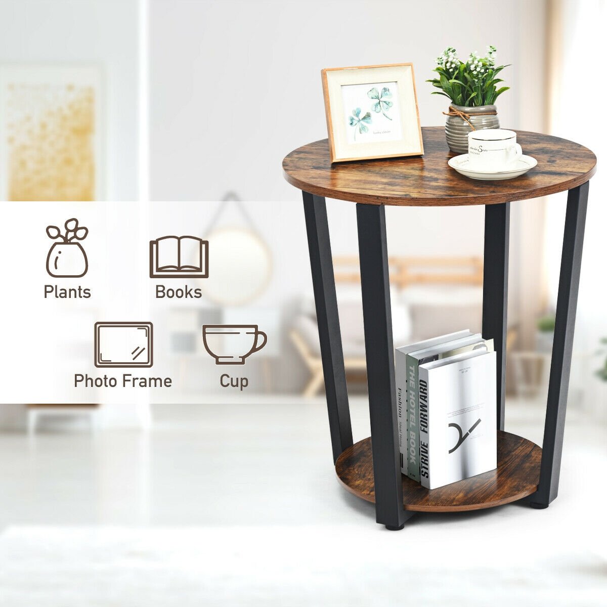 2-Tier Round End Table with Storage Shelf and Metal Frame, Brown End & Side Tables   at Gallery Canada