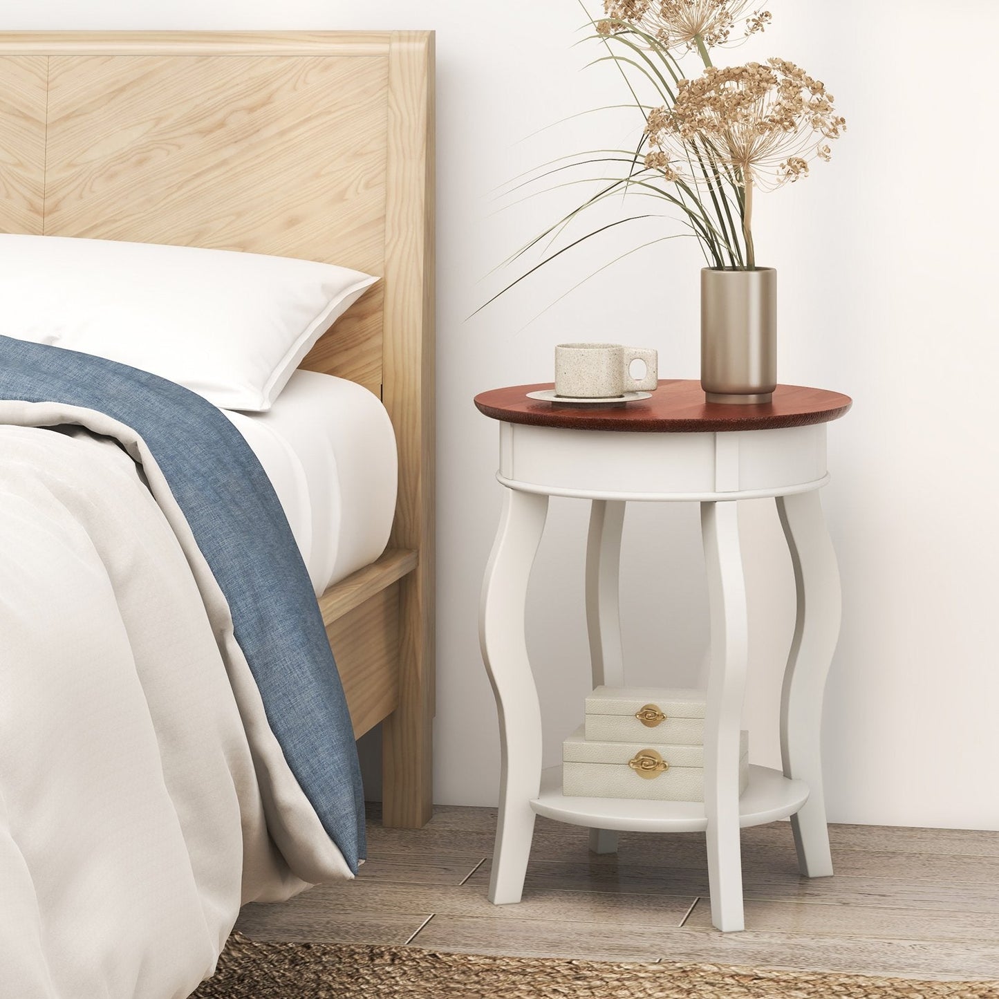 2-Tier Round End Table with Storage Shelf and Solid Rubber Wood Legs, Walnut & White End & Side Tables   at Gallery Canada