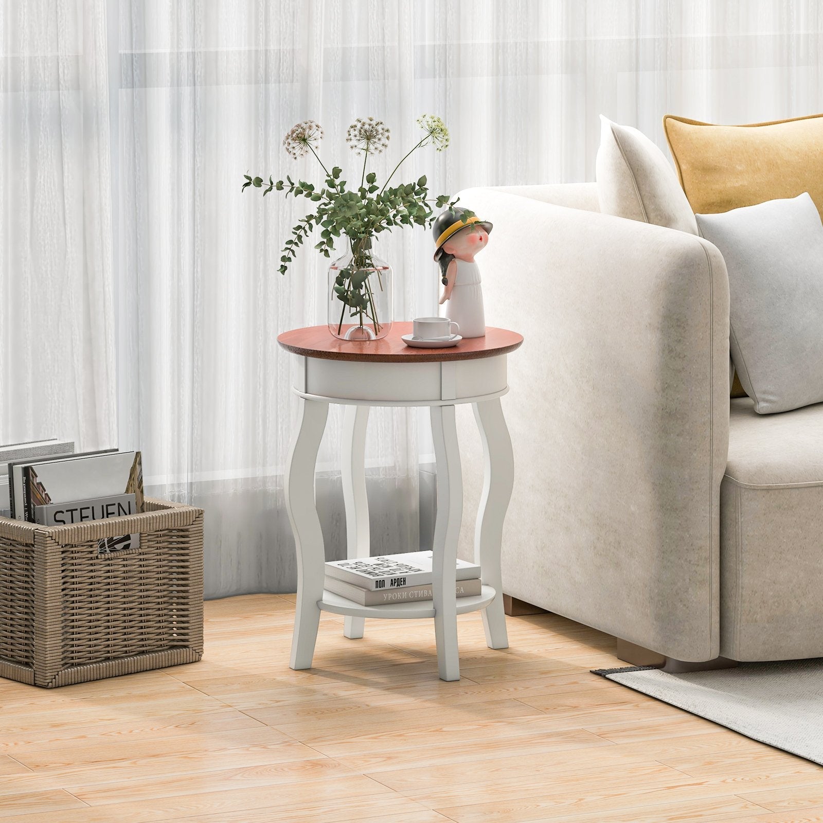 2-Tier Round End Table with Storage Shelf and Solid Rubber Wood Legs, Walnut & White End & Side Tables   at Gallery Canada