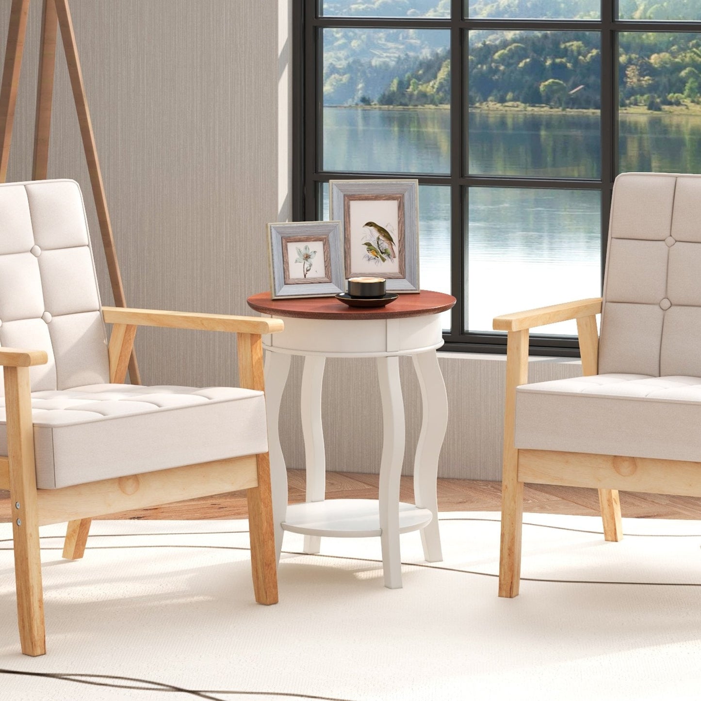 2-Tier Round End Table with Storage Shelf and Solid Rubber Wood Legs, Walnut & White End & Side Tables   at Gallery Canada