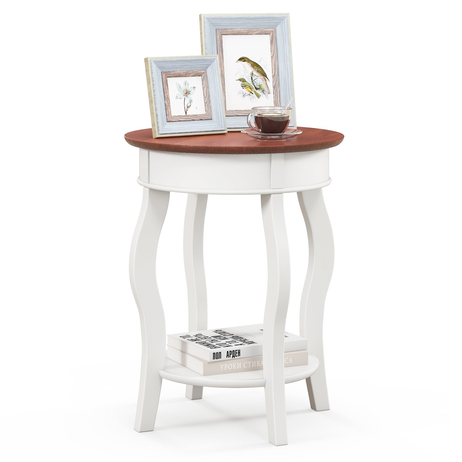 2-Tier Round End Table with Storage Shelf and Solid Rubber Wood Legs, Walnut & White End & Side Tables   at Gallery Canada