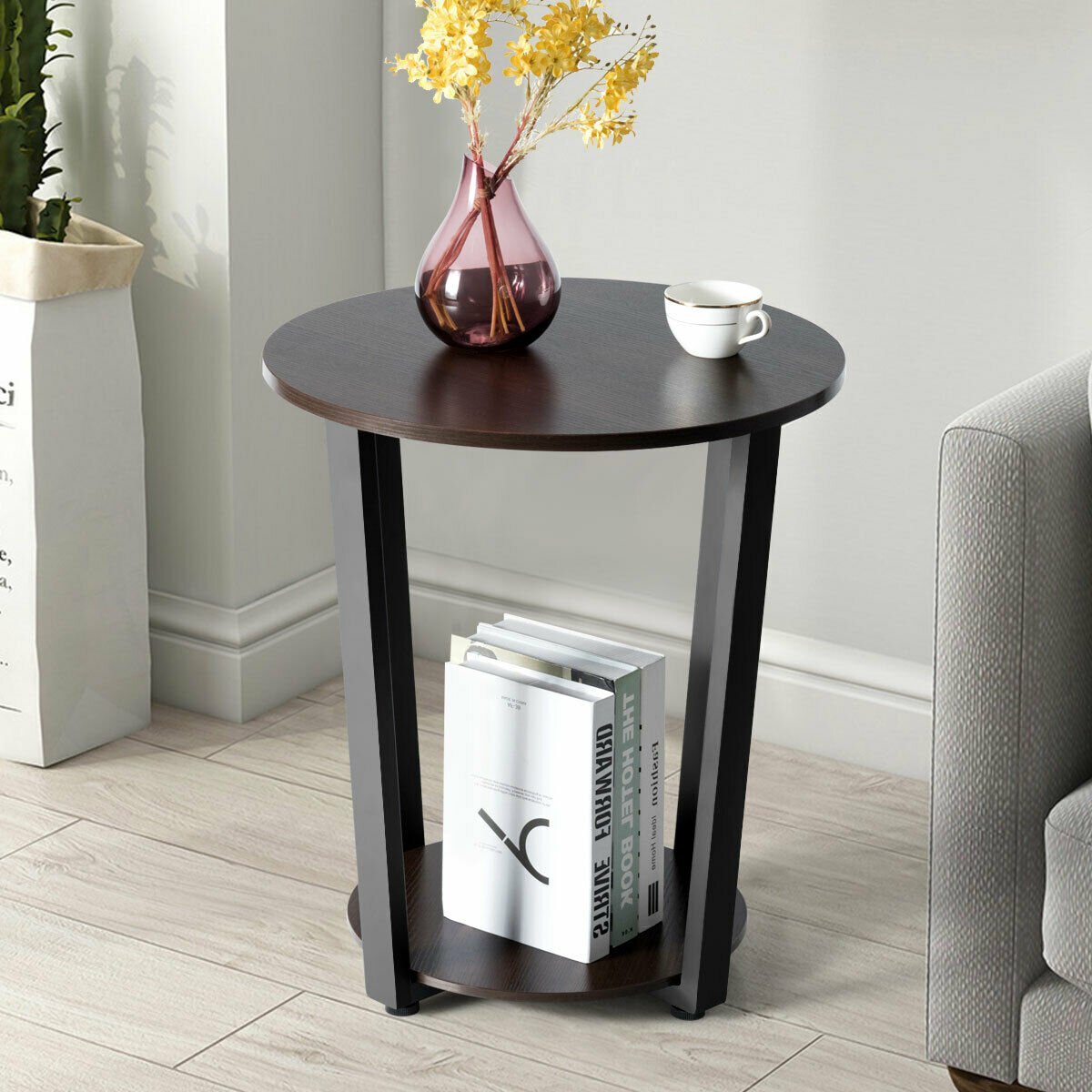 2-Tier Round End Table with Storage Shelf & Metal Frame, Walnut End & Side Tables   at Gallery Canada