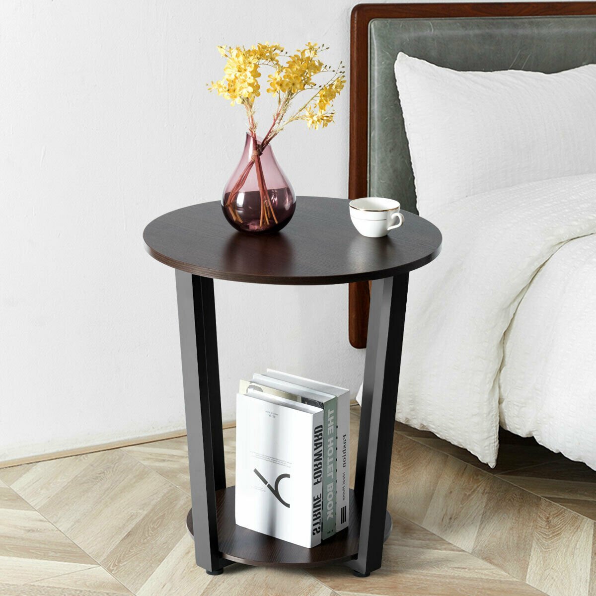 2-Tier Round End Table with Storage Shelf & Metal Frame, Walnut End & Side Tables   at Gallery Canada