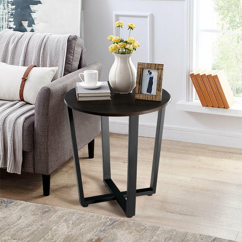 2-Tier Round End Table with Storage Shelf & Metal Frame, Walnut