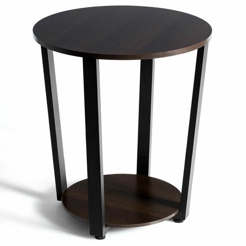 2-Tier Round End Table with Storage Shelf & Metal Frame, Walnut