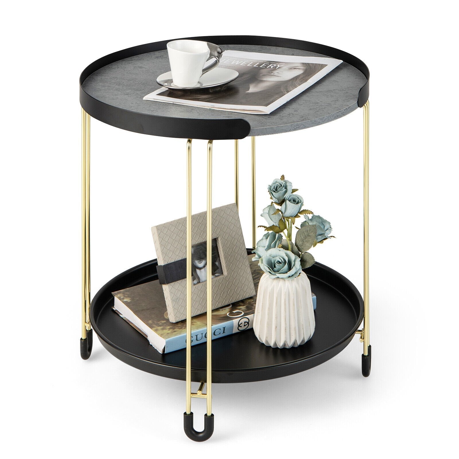 2-Tier Round Side Table with Removable Tray and Metal Frame for Small Space, Golden End & Side Tables   at Gallery Canada