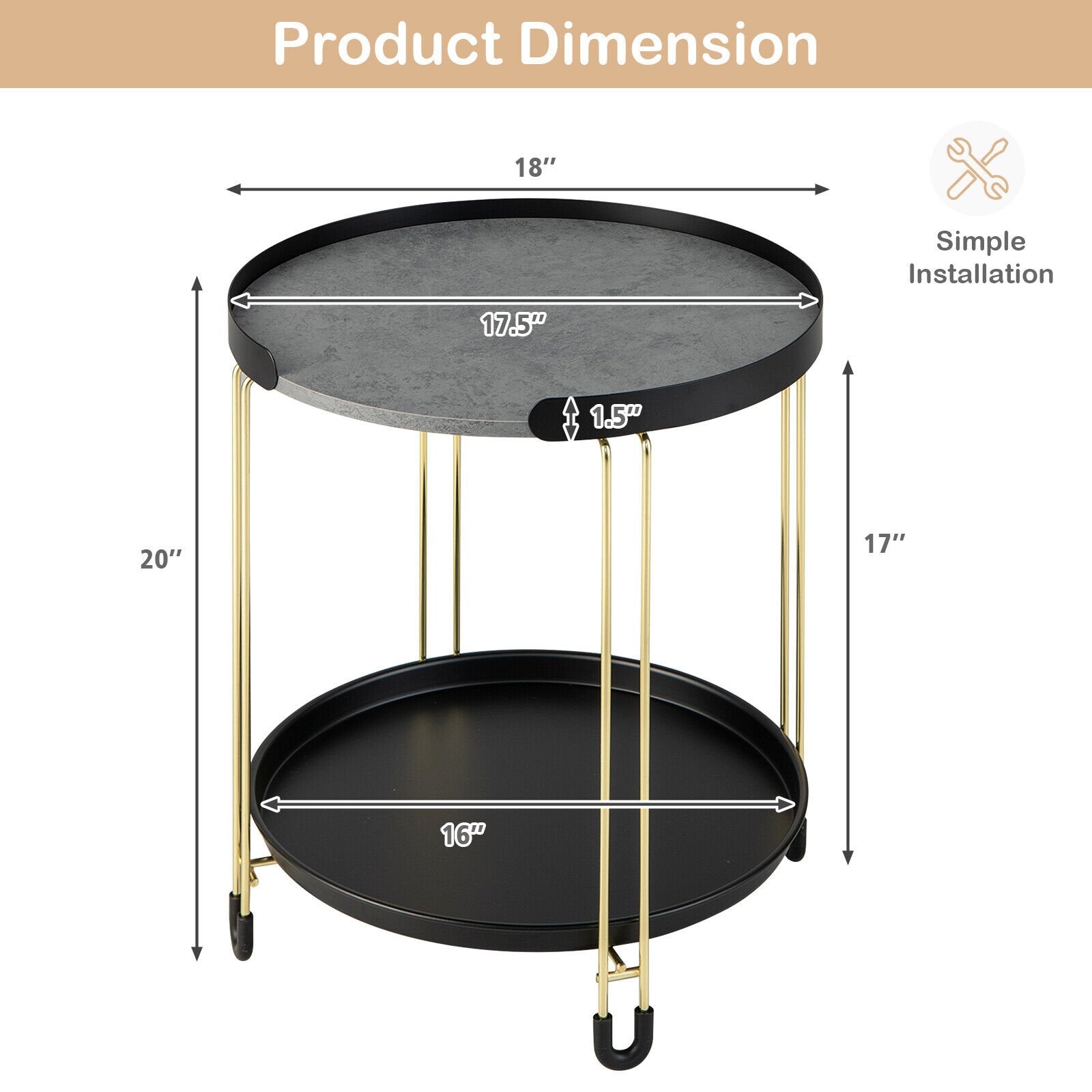 2-Tier Round Side Table with Removable Tray and Metal Frame for Small Space, Golden End & Side Tables   at Gallery Canada