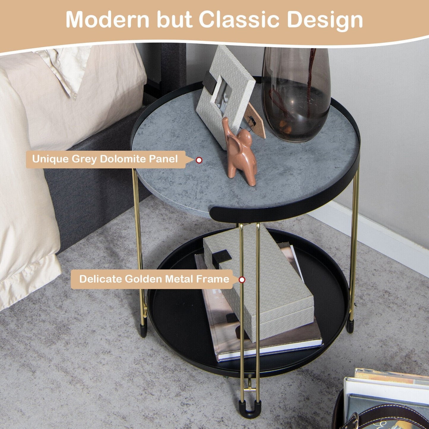 2-Tier Round Side Table with Removable Tray and Metal Frame for Small Space, Golden End & Side Tables   at Gallery Canada