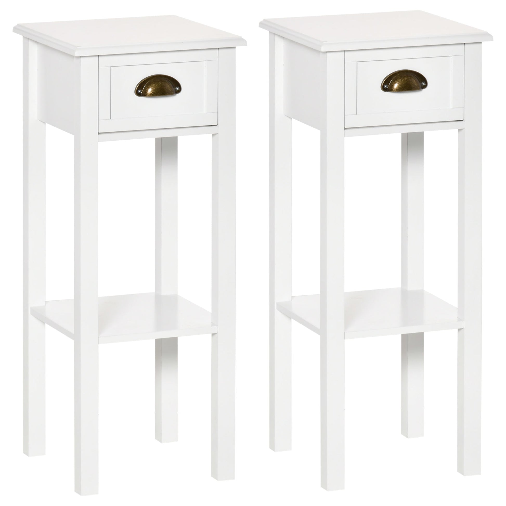 2 Tier Side Table, Set of 2, Narrow Tall End Table with Drawer and Shelf, Slim Wooden Nightstand for Living Room, Bedroom, Hallway, White Side Tables White  at Gallery Canada