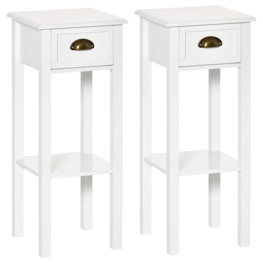 2 Tier Side Table, Set of 2, Narrow Tall End Table with Drawer and Shelf, Slim Wooden Nightstand for Living Room, Bedroom, Hallway, White - Gallery Canada
