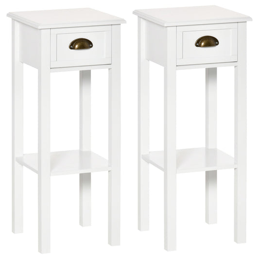 2 Tier Side Table, Set of 2, Narrow Tall End Table with Drawer and Shelf, Slim Wooden Nightstand for Living Room, Bedroom, Hallway, White Side Tables White  at Gallery Canada