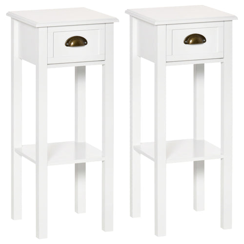 2 Tier Side Table, Set of 2, Narrow Tall End Table with Drawer and Shelf, Slim Wooden Nightstand for Living Room, Bedroom, Hallway, White