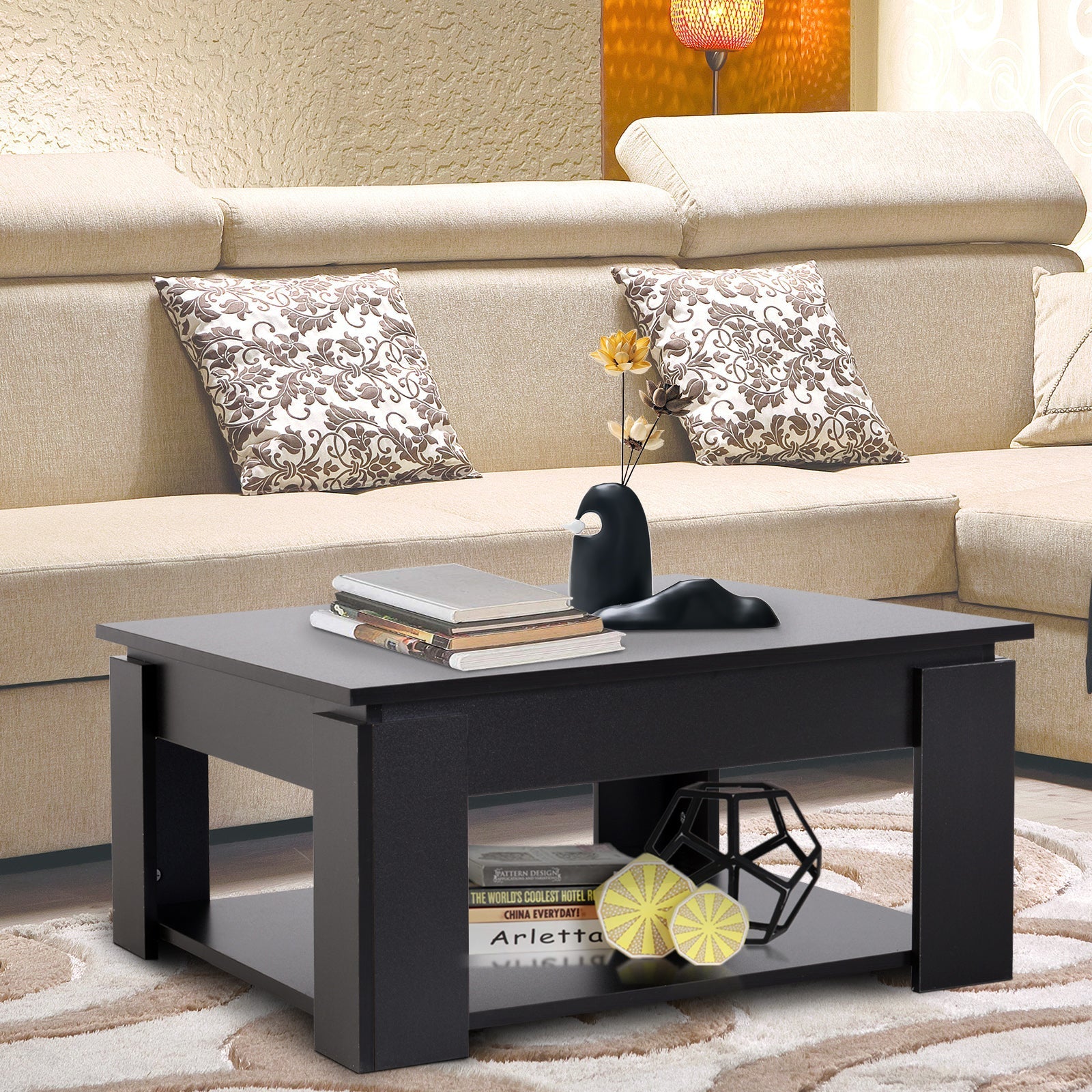 2 Tier Simple Modern Coffee Table Bottom Shelf Living Room Black Coffee Tables   at Gallery Canada