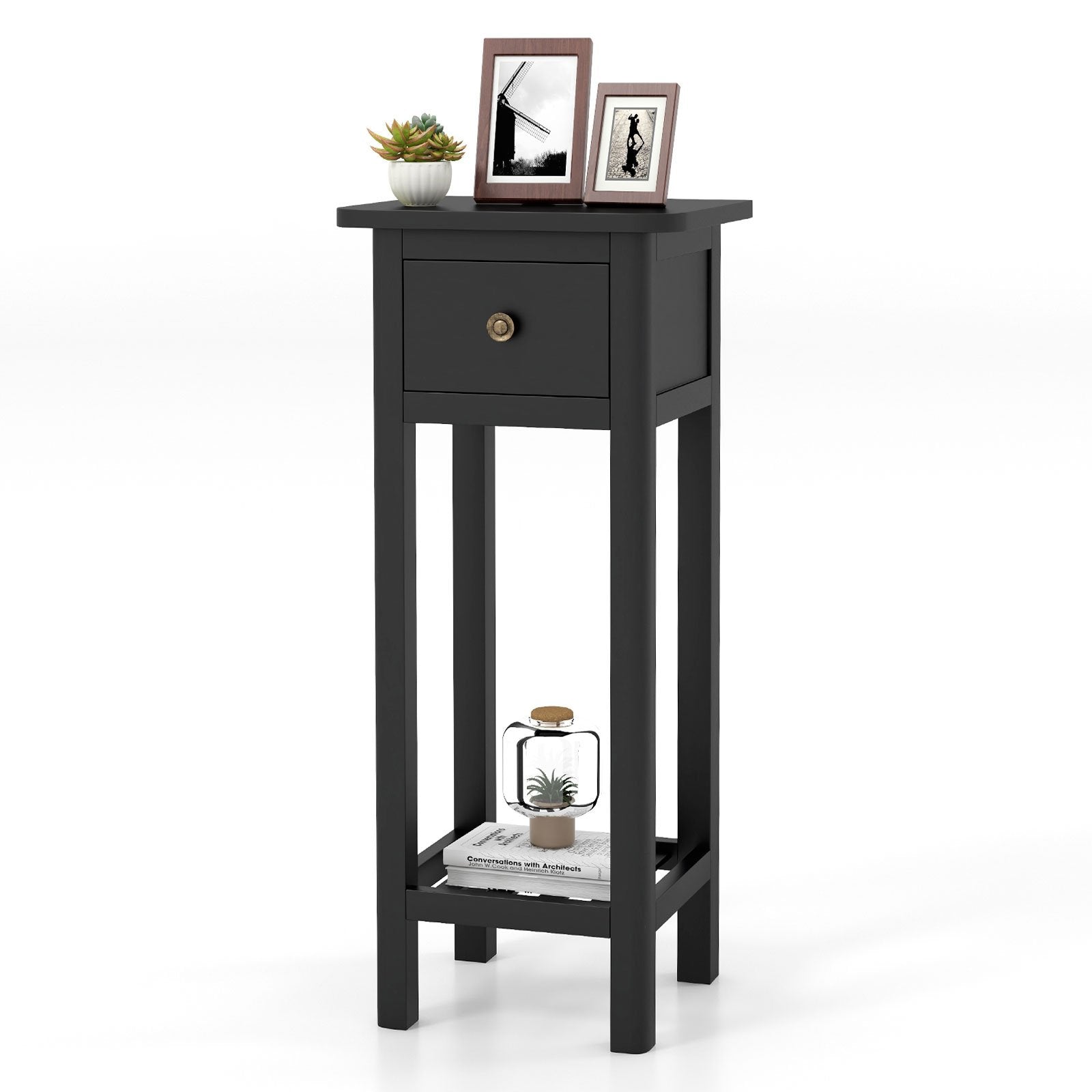 2 Tier Slim Nightstand Bedside Table with Drawer Shelf, Black Nightstands   at Gallery Canada