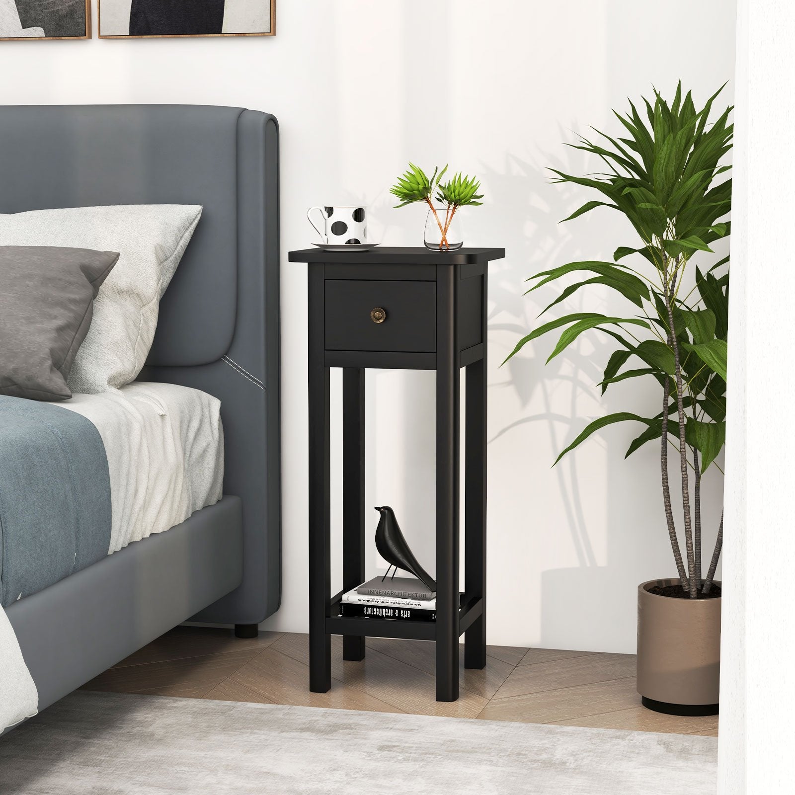 2 Tier Slim Nightstand Bedside Table with Drawer Shelf, Black Nightstands   at Gallery Canada