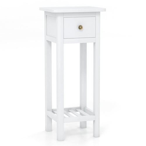2 Tier Slim Nightstand Bedside Table with Drawer Shelf, White