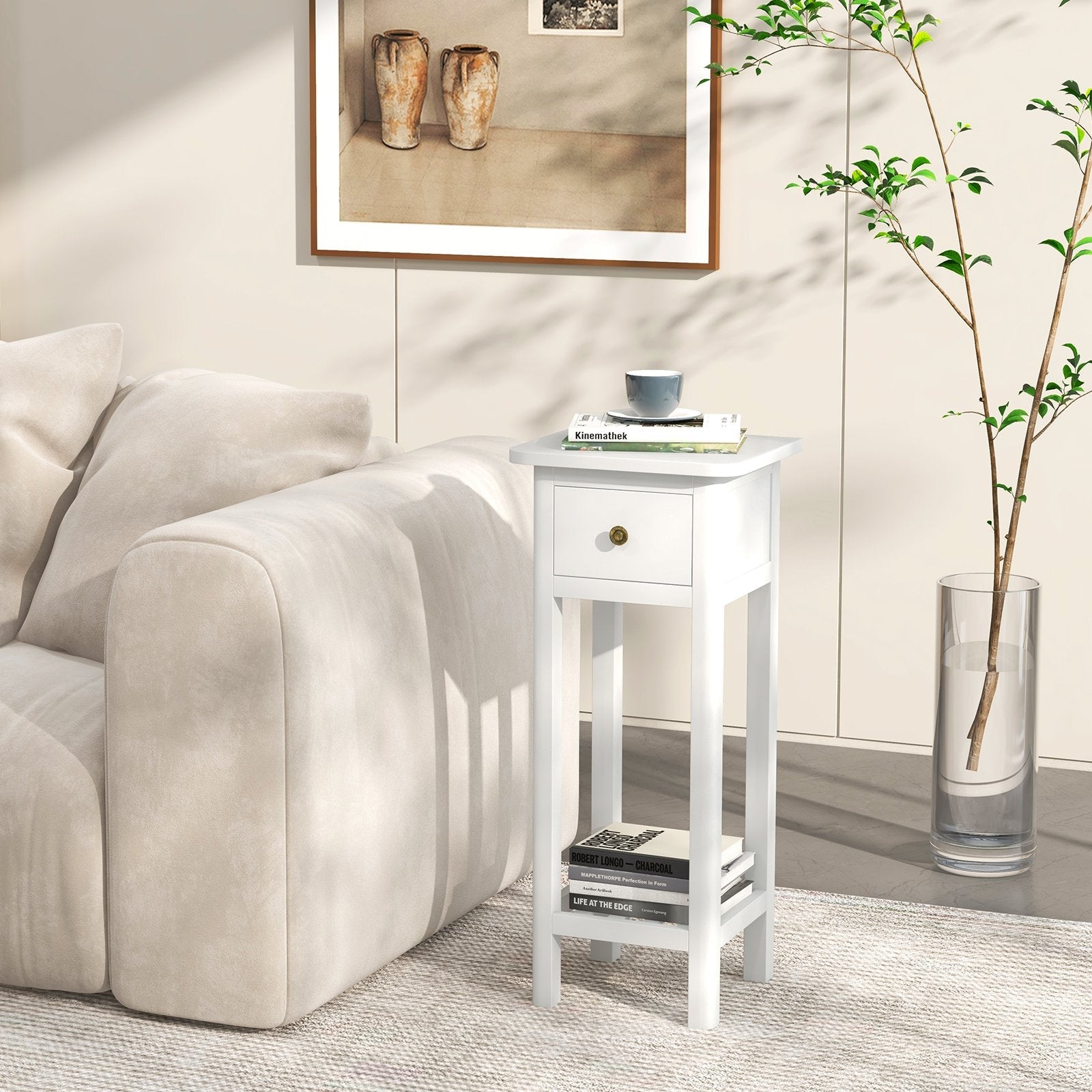 2 Tier Slim Nightstand Bedside Table with Drawer Shelf, White Nightstands   at Gallery Canada