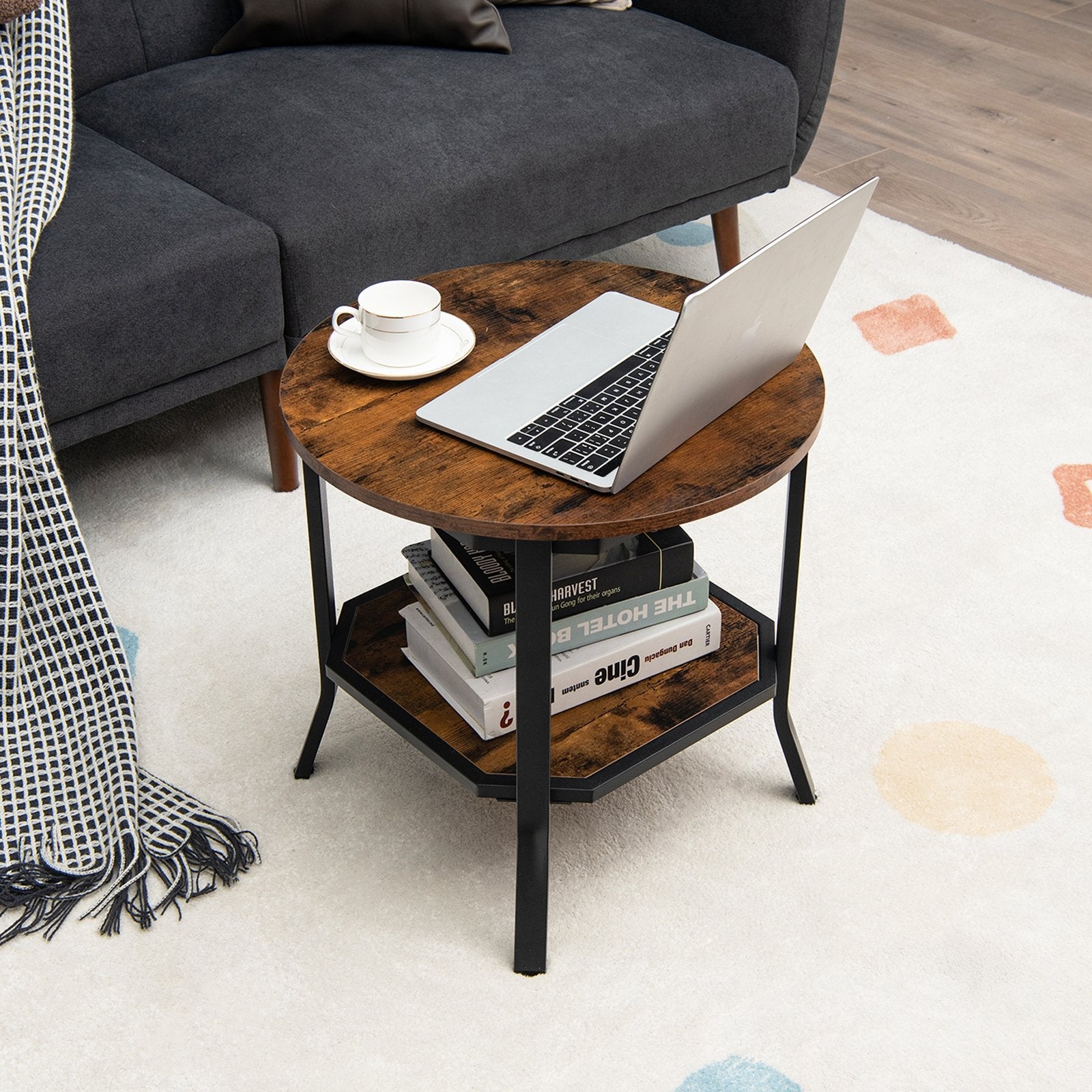 2-Tier Sofa End Side Table Nightstand Round Tabletop for Living Room, Brown End & Side Tables   at Gallery Canada