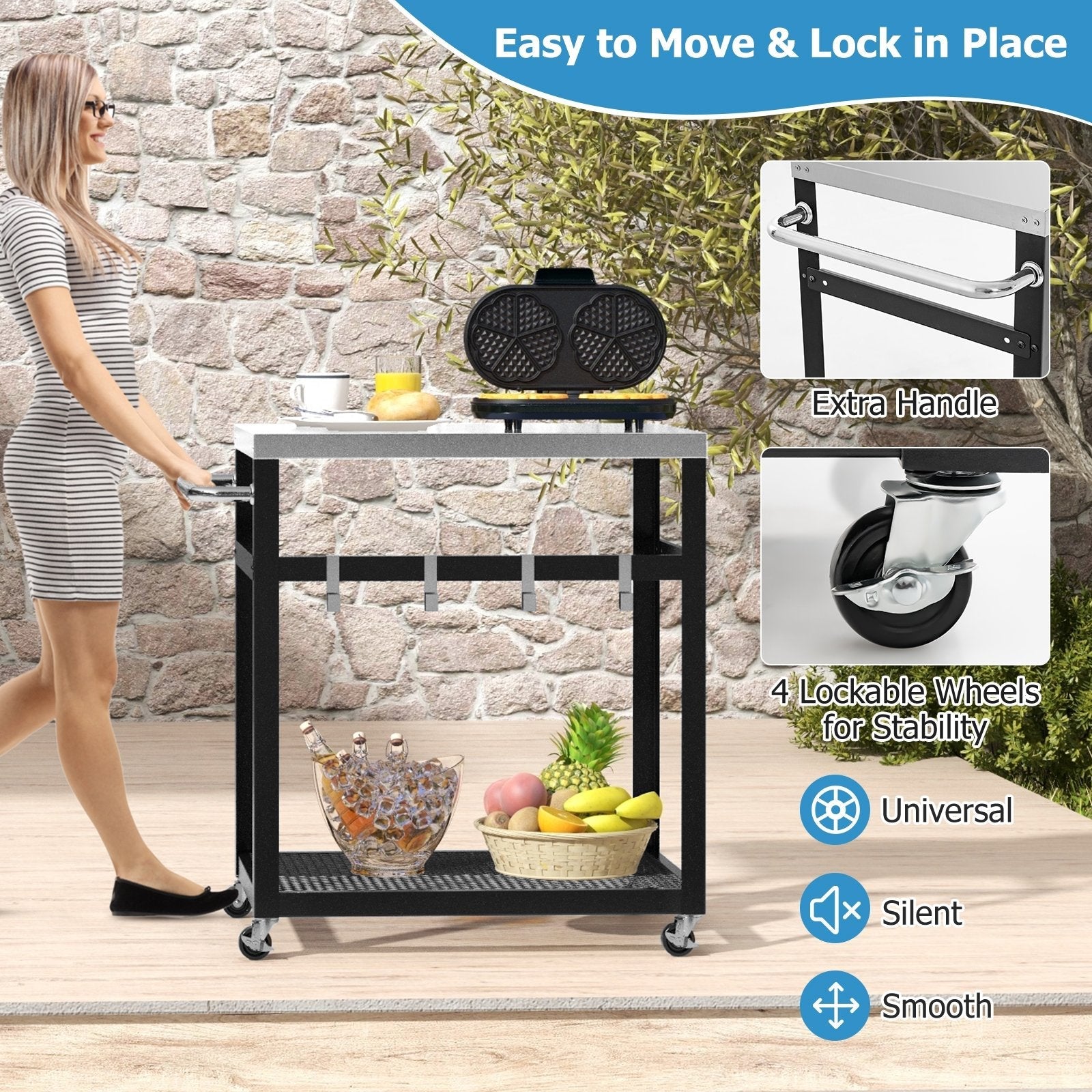 2-Tier Stainless Steel Grill Cart with 4 Hooks and Wheels BBQ Table, Black Outdoor Grills   at Gallery Canada