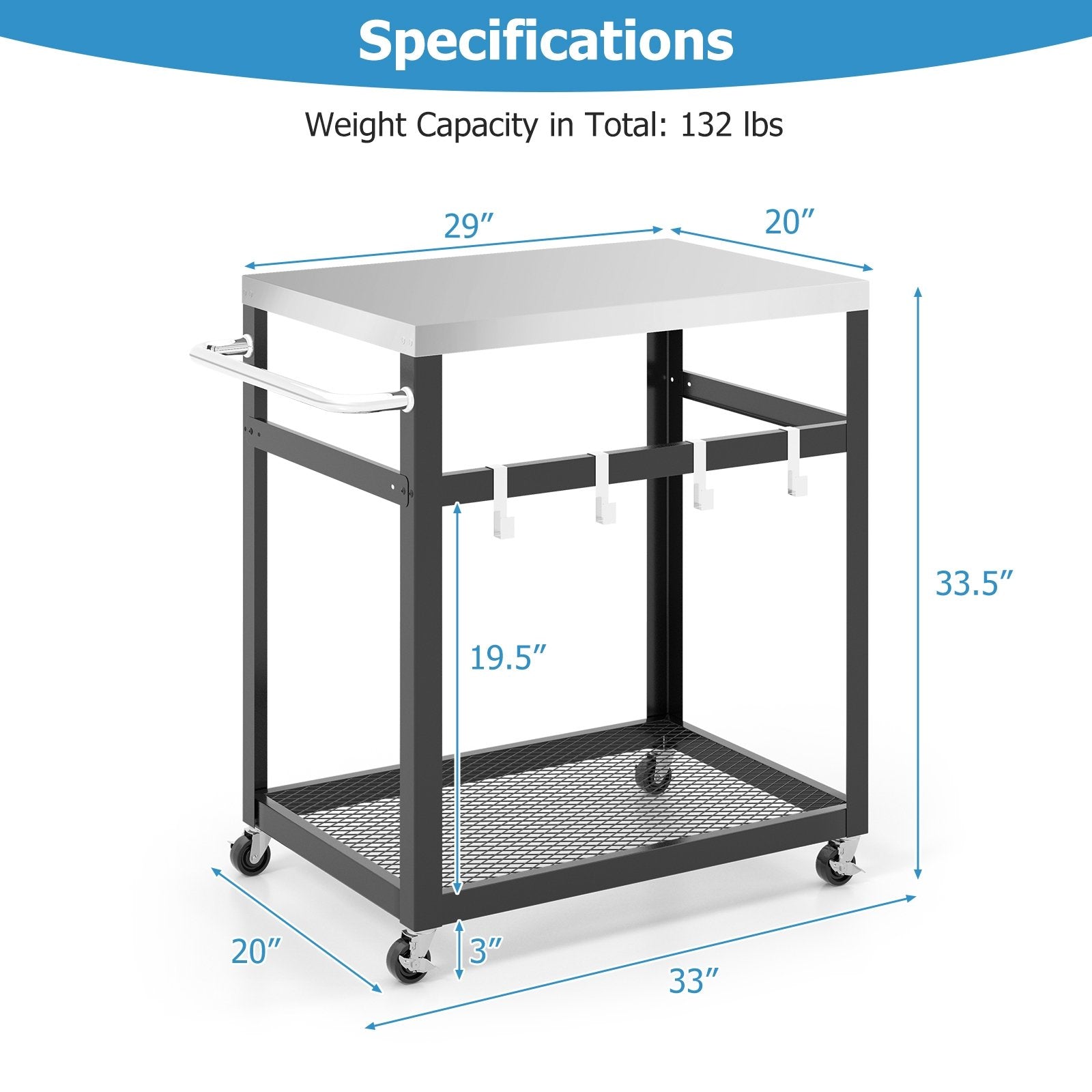 2-Tier Stainless Steel Grill Cart with 4 Hooks and Wheels BBQ Table, Black Outdoor Grills   at Gallery Canada