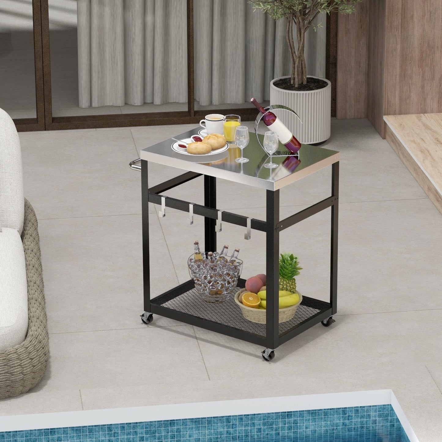 2-Tier Stainless Steel Grill Cart with 4 Hooks and Wheels BBQ Table, Black Outdoor Grills   at Gallery Canada