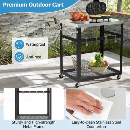 2-Tier Stainless Steel Grill Cart with 4 Hooks and Wheels BBQ Table, Black Outdoor Grills   at Gallery Canada