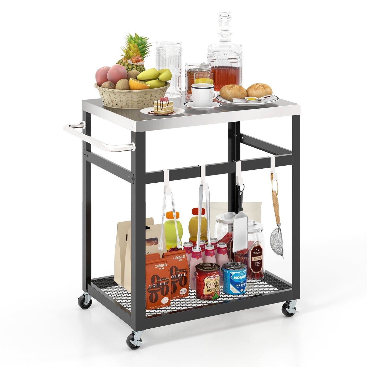 2-Tier Stainless Steel Grill Cart with 4 Hooks and Wheels BBQ Table, Black Outdoor Grills   at Gallery Canada