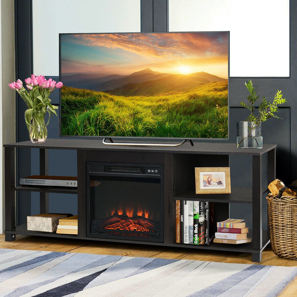 2-Tier TV Storage Cabinet Console with Adjustable Shelves, Black Entertainment Centers & TV Stands   at Gallery Canada