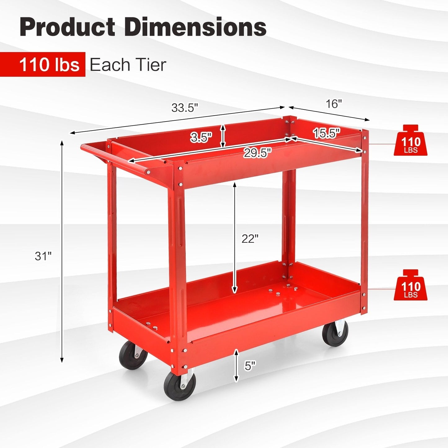 2-Tier Utility Cart with Handle and Heavy-Duty Metal Frame, Red Garages   at Gallery Canada