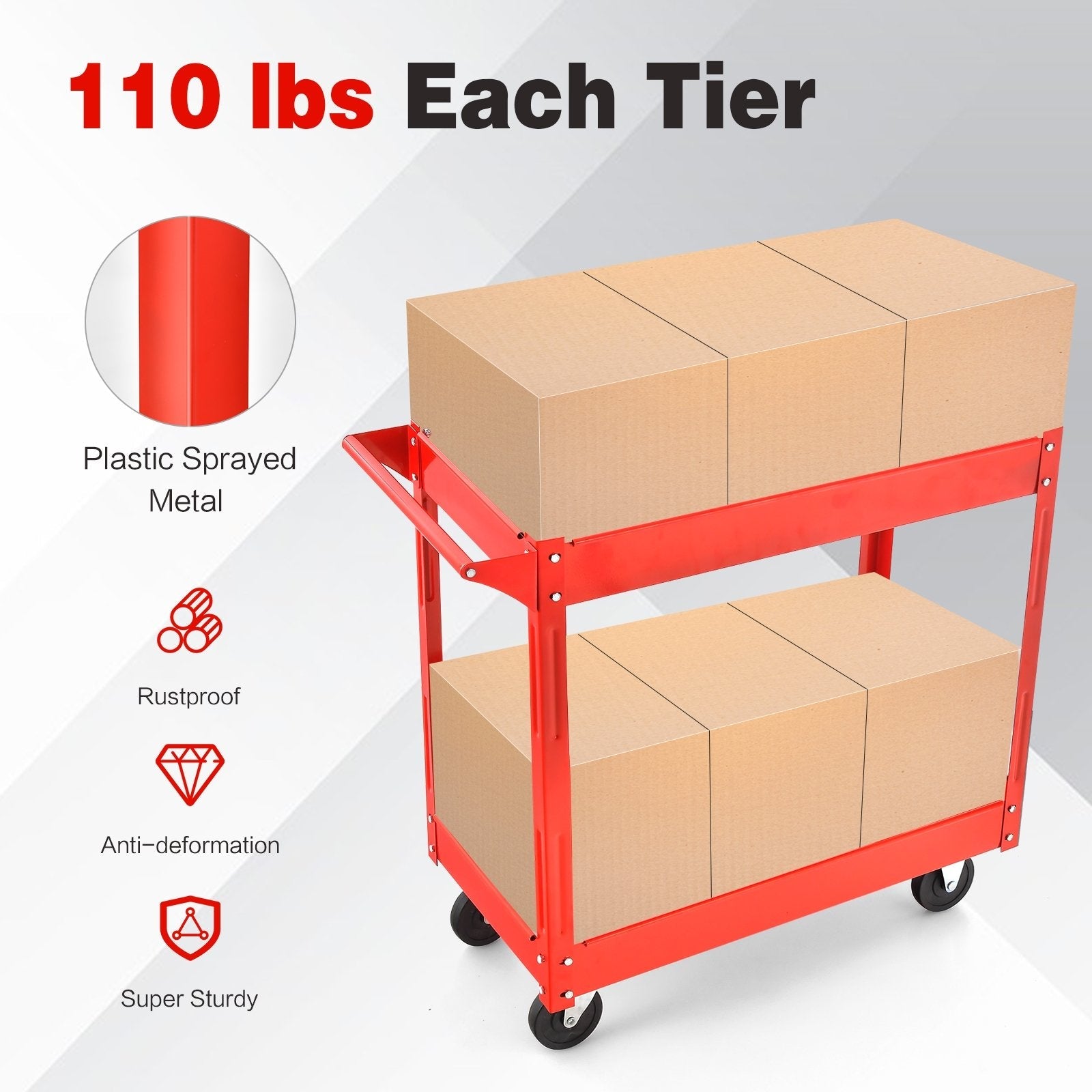 2-Tier Utility Cart with Handle and Heavy-Duty Metal Frame, Red Garages   at Gallery Canada