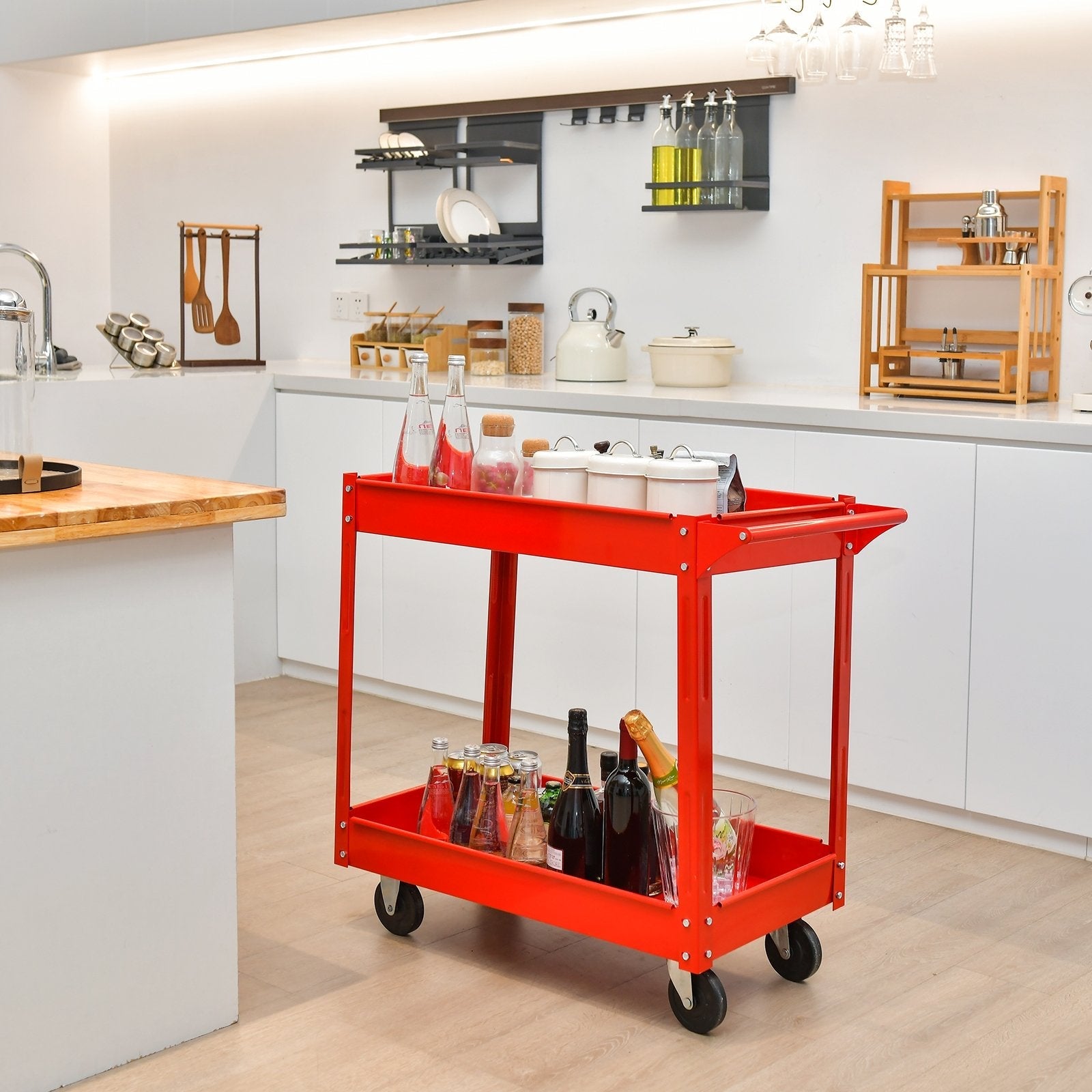 2-Tier Utility Cart with Handle and Heavy-Duty Metal Frame, Red Garages   at Gallery Canada