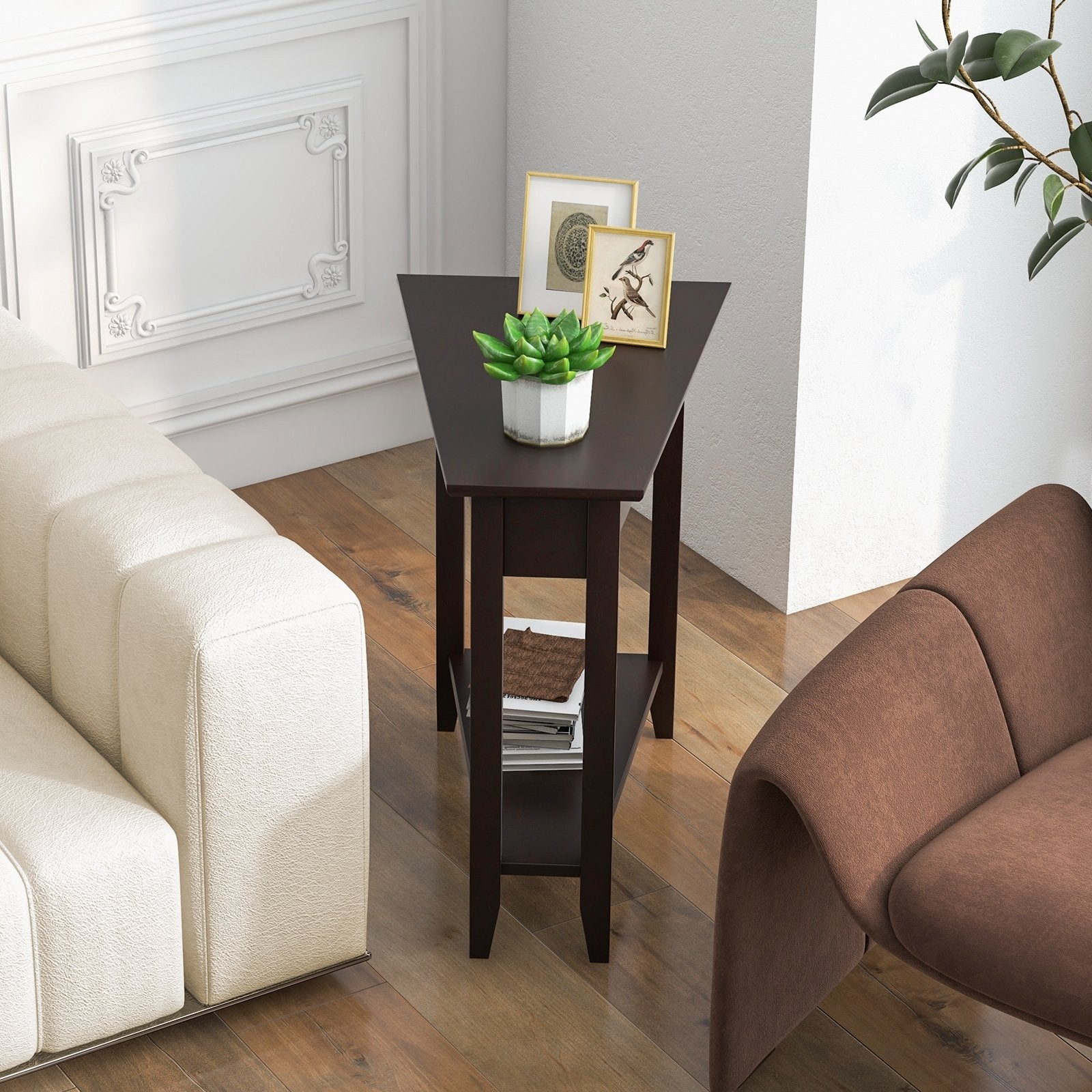 2-Tier Wedge Narrow End Table with Storage Shelf and Solid Wood Legs, Espresso End & Side Tables   at Gallery Canada