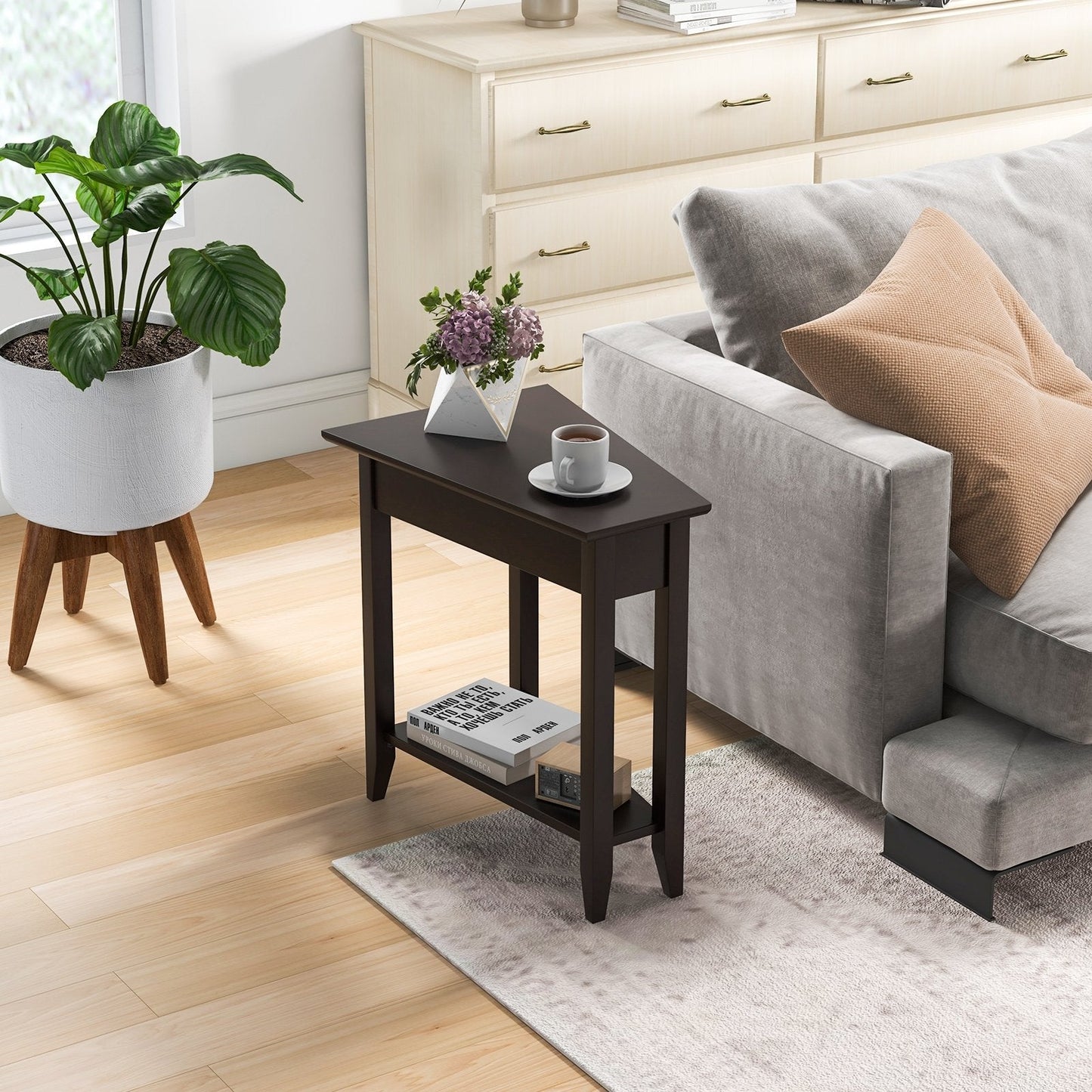 2-Tier Wedge Narrow End Table with Storage Shelf and Solid Wood Legs, Espresso End & Side Tables   at Gallery Canada