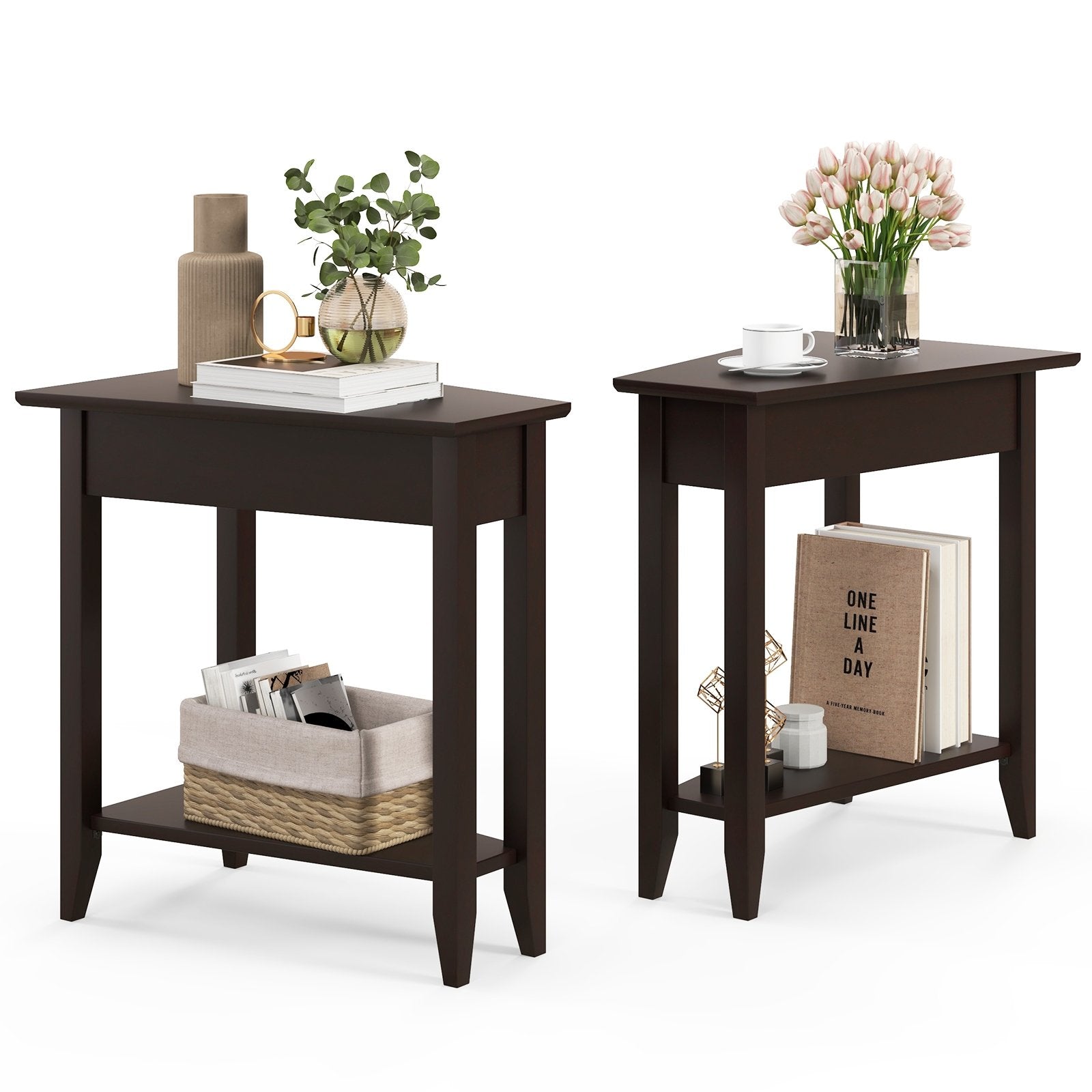 2-Tier Wedge Narrow End Table with Storage Shelf and Solid Wood Legs, Espresso End & Side Tables   at Gallery Canada