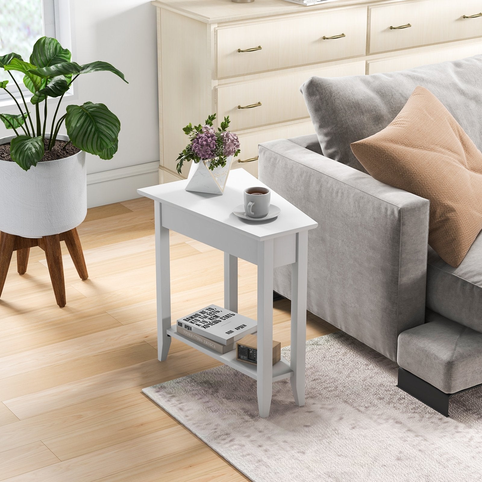 2-Tier Wedge Narrow End Table with Storage Shelf and Solid Wood Legs, White End & Side Tables   at Gallery Canada