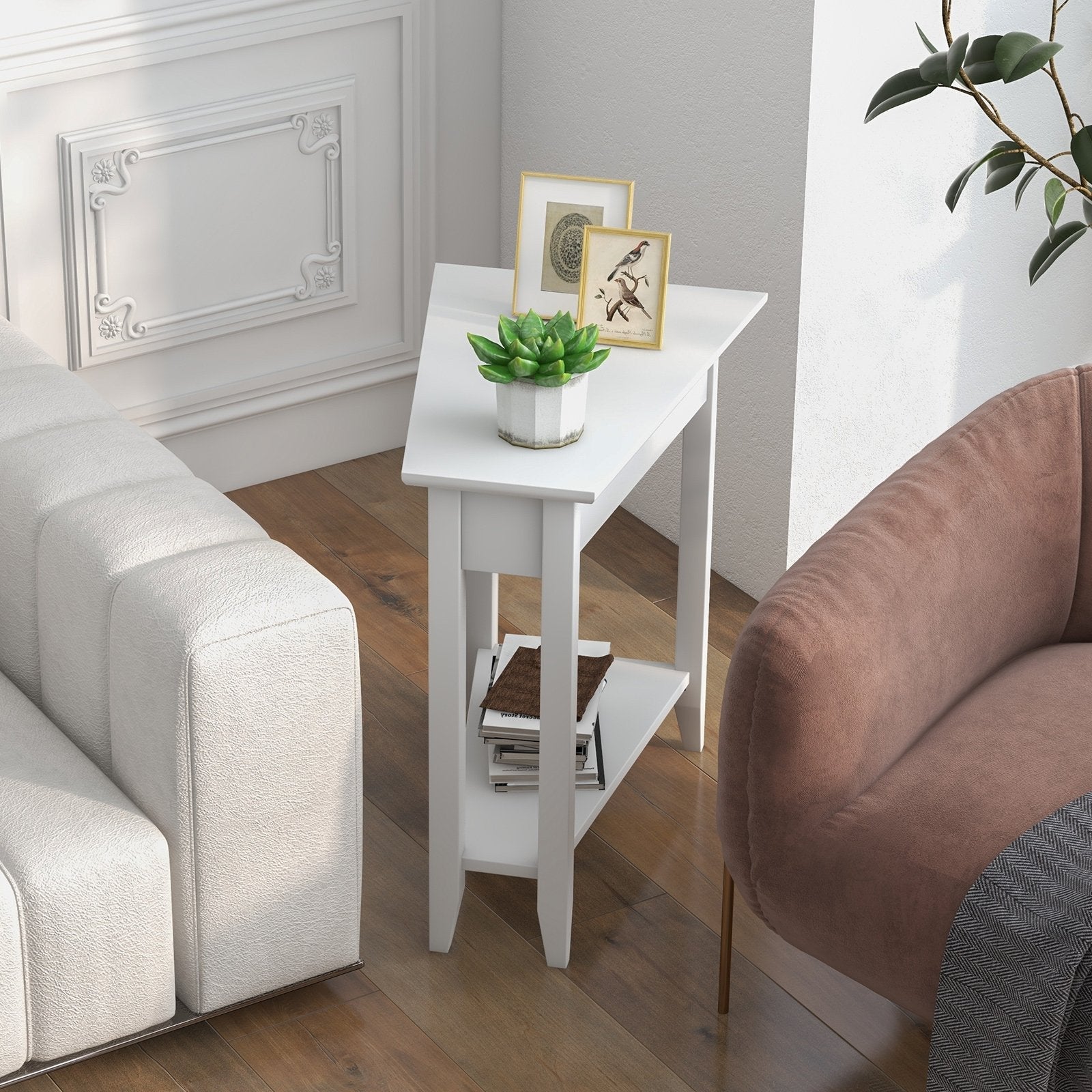 2-Tier Wedge Narrow End Table with Storage Shelf and Solid Wood Legs, White End & Side Tables   at Gallery Canada