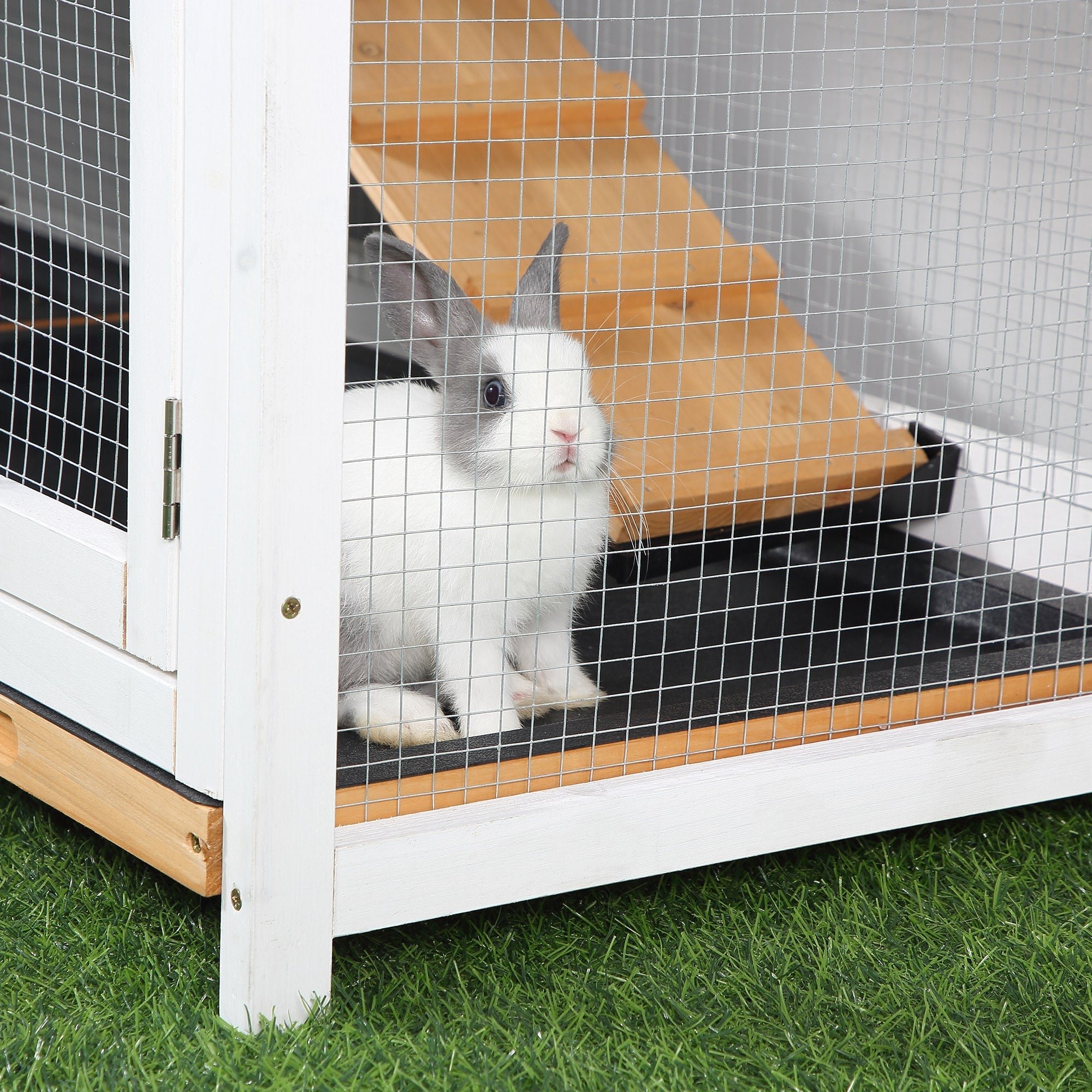 2-tier Wood Rabbit Hutch Backyard Bunny Cage Small Animal House w/ Ramp and Outdoor Run, Yellow Rabbit Hutch   at Gallery Canada