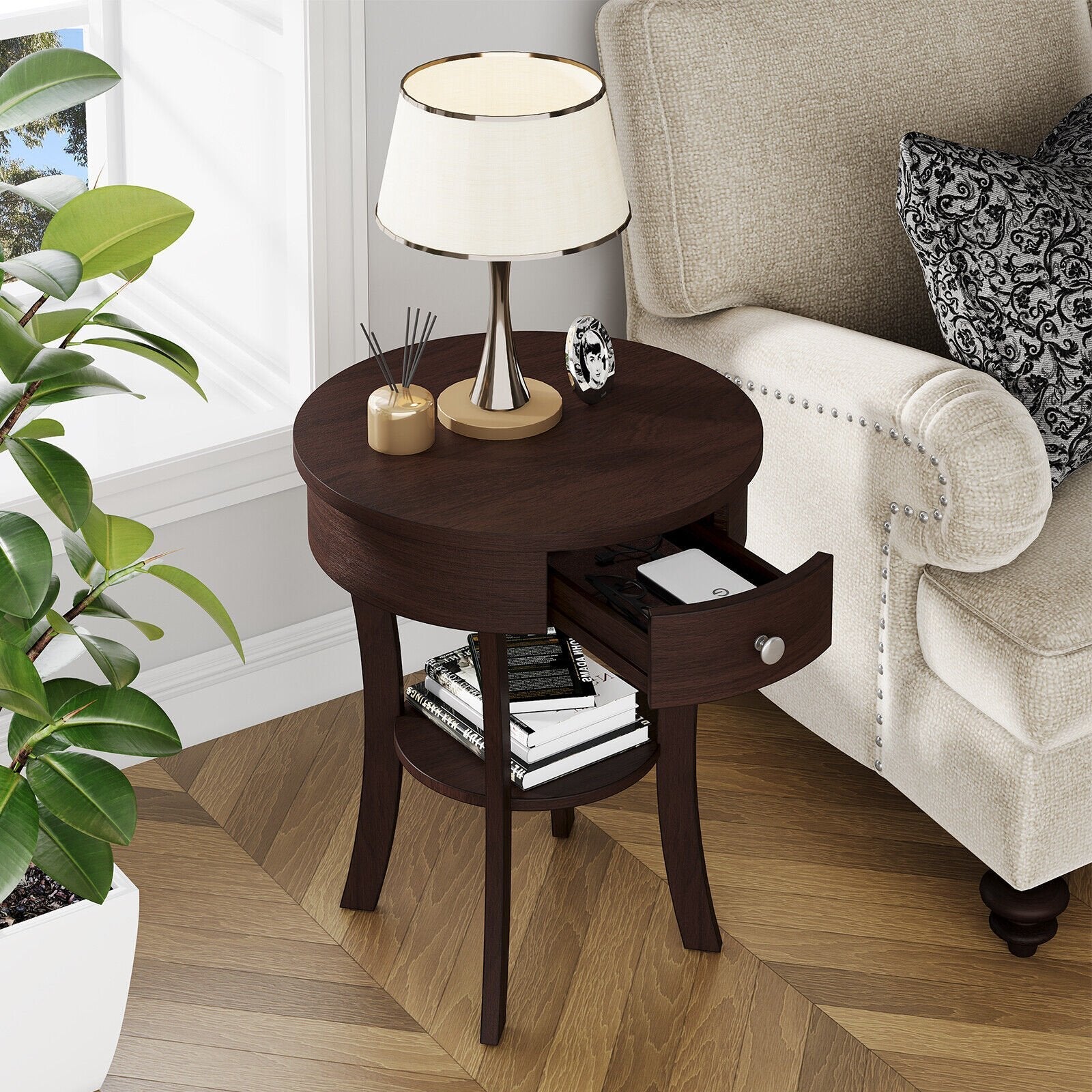 2-Tier Wood Round End Table with Open Drawer, Espresso End & Side Tables   at Gallery Canada