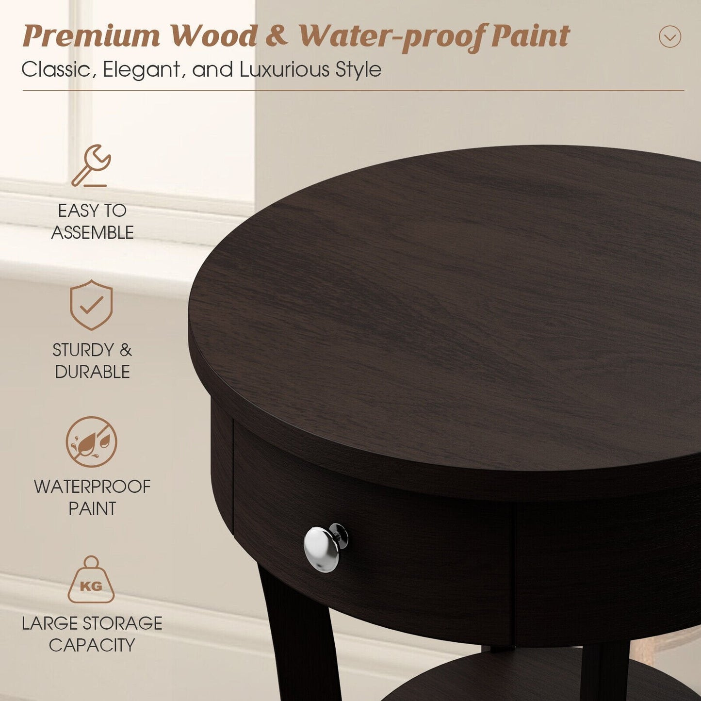 2-Tier Wood Round End Table with Open Drawer, Espresso End & Side Tables   at Gallery Canada