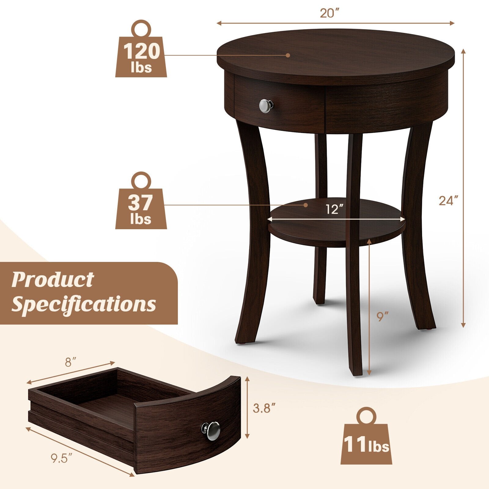 2-Tier Wood Round End Table with Open Drawer, Espresso End & Side Tables   at Gallery Canada