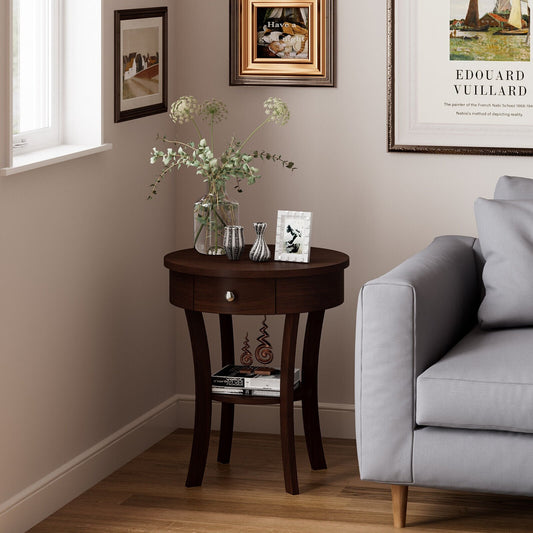 2-Tier Wood Round End Table with Open Drawer, Espresso End & Side Tables   at Gallery Canada