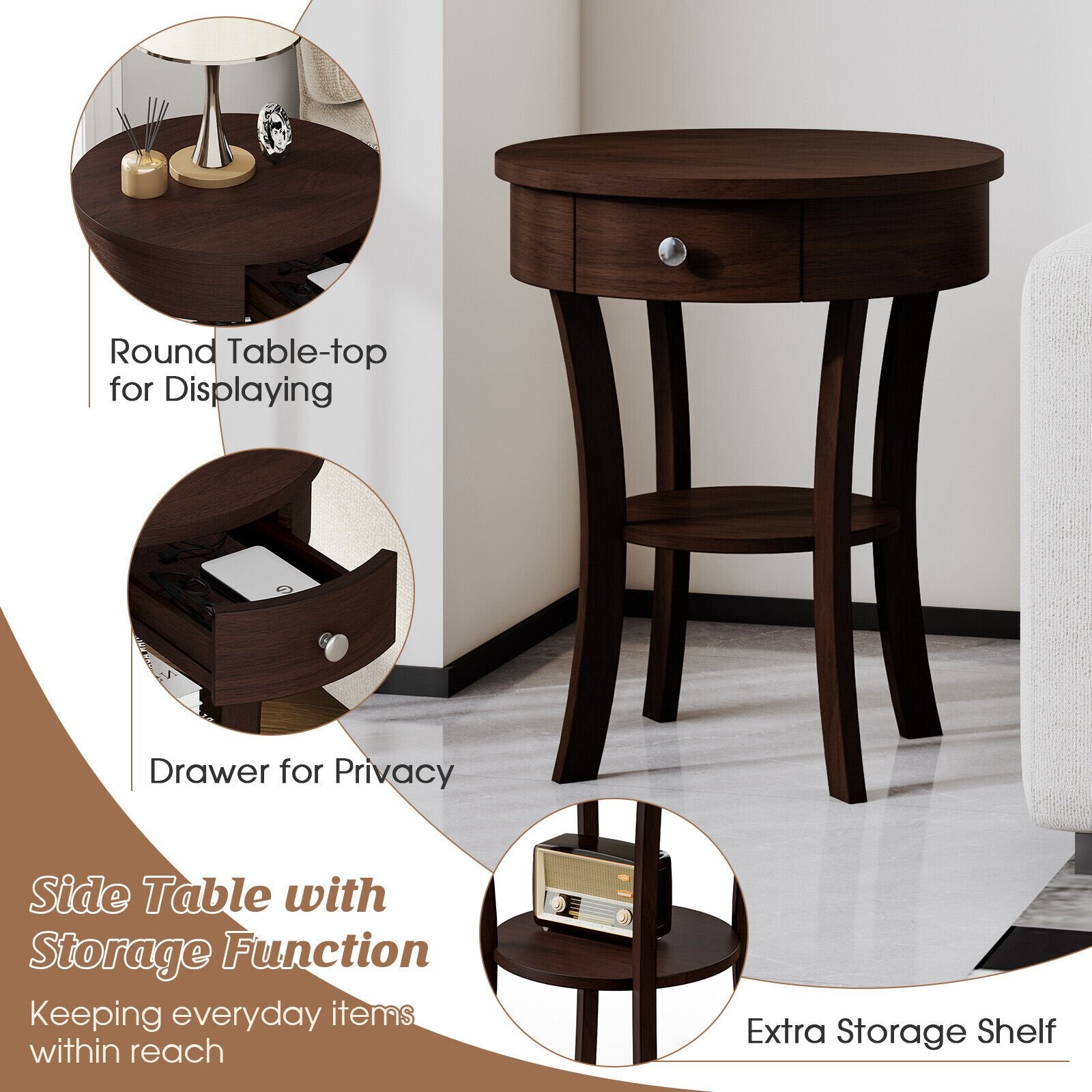 2-Tier Wood Round End Table with Open Drawer, Espresso End & Side Tables   at Gallery Canada