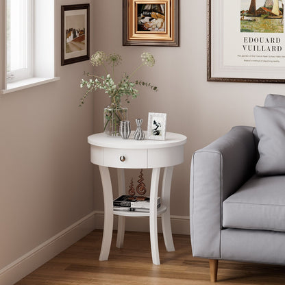 2-Tier Wood Round End Table with Open Drawer, White End & Side Tables   at Gallery Canada