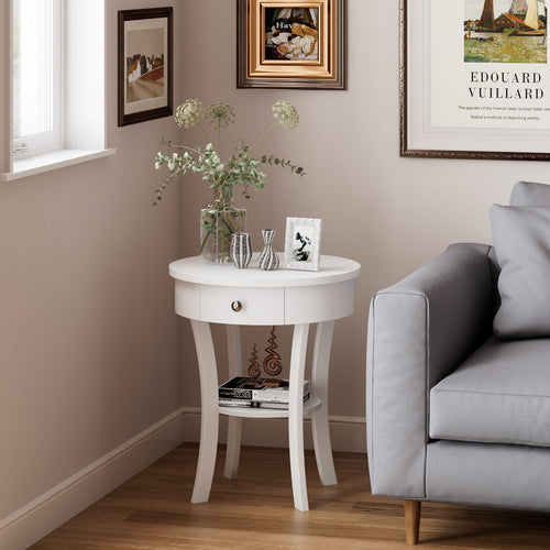 2-Tier Wood Round End Table with Open Drawer, White