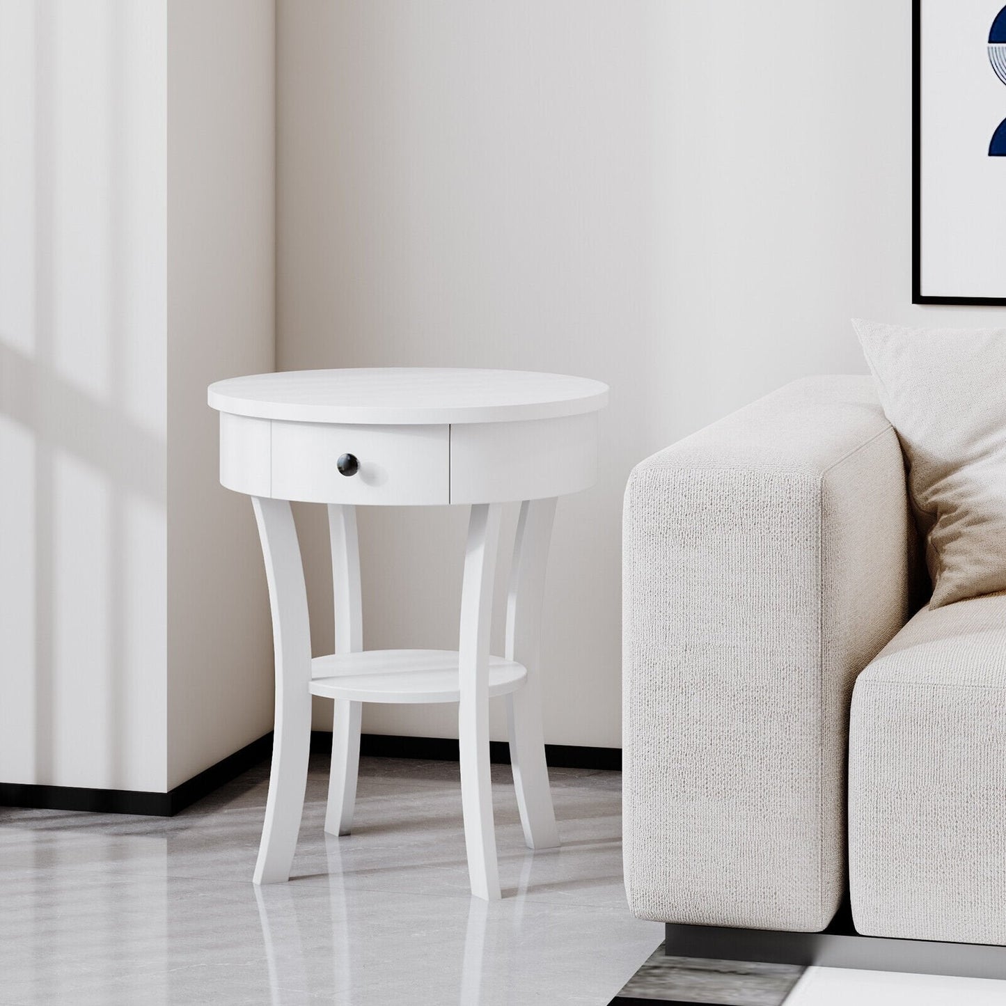 2-Tier Wood Round End Table with Open Drawer, White End & Side Tables   at Gallery Canada