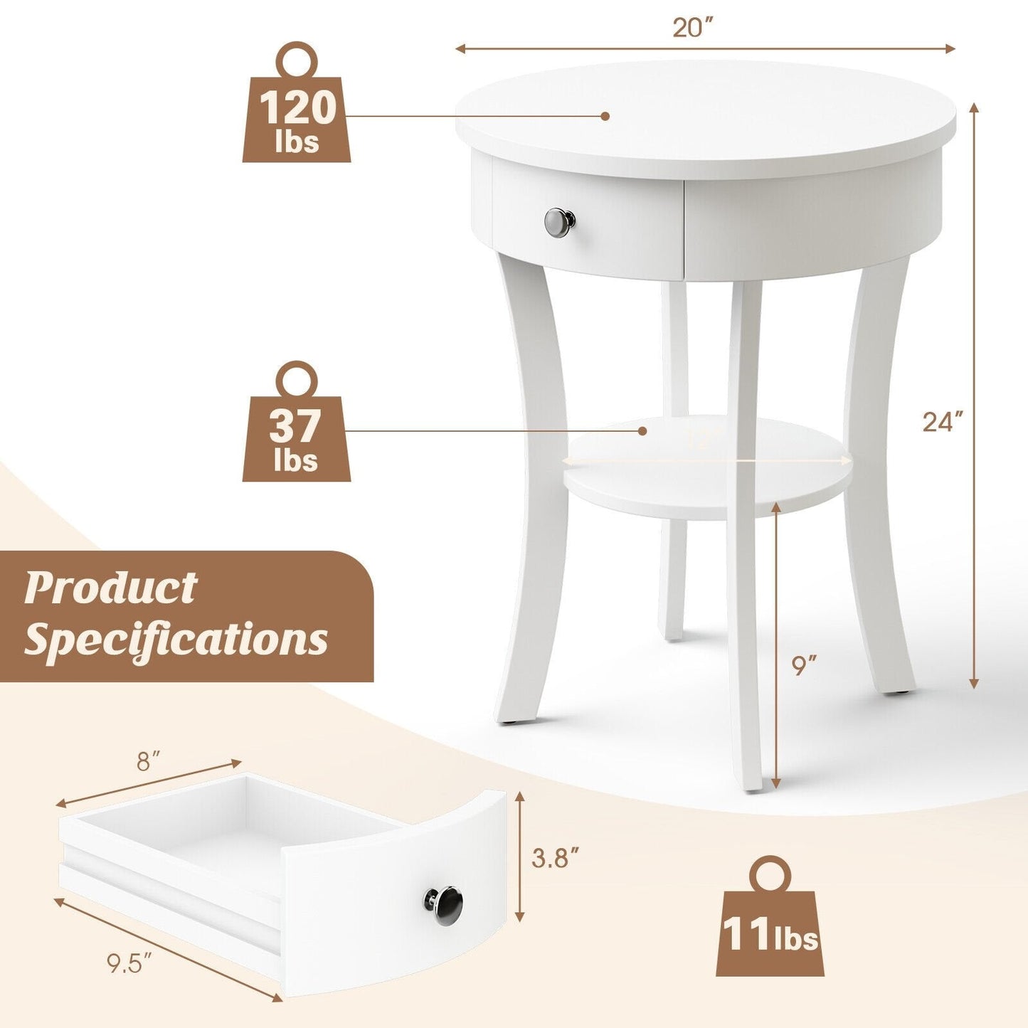 2-Tier Wood Round End Table with Open Drawer, White End & Side Tables   at Gallery Canada