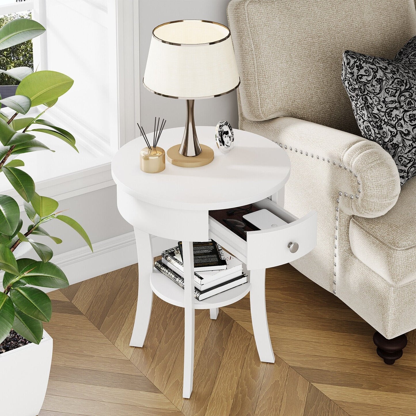 2-Tier Wood Round End Table with Open Drawer, White End & Side Tables   at Gallery Canada